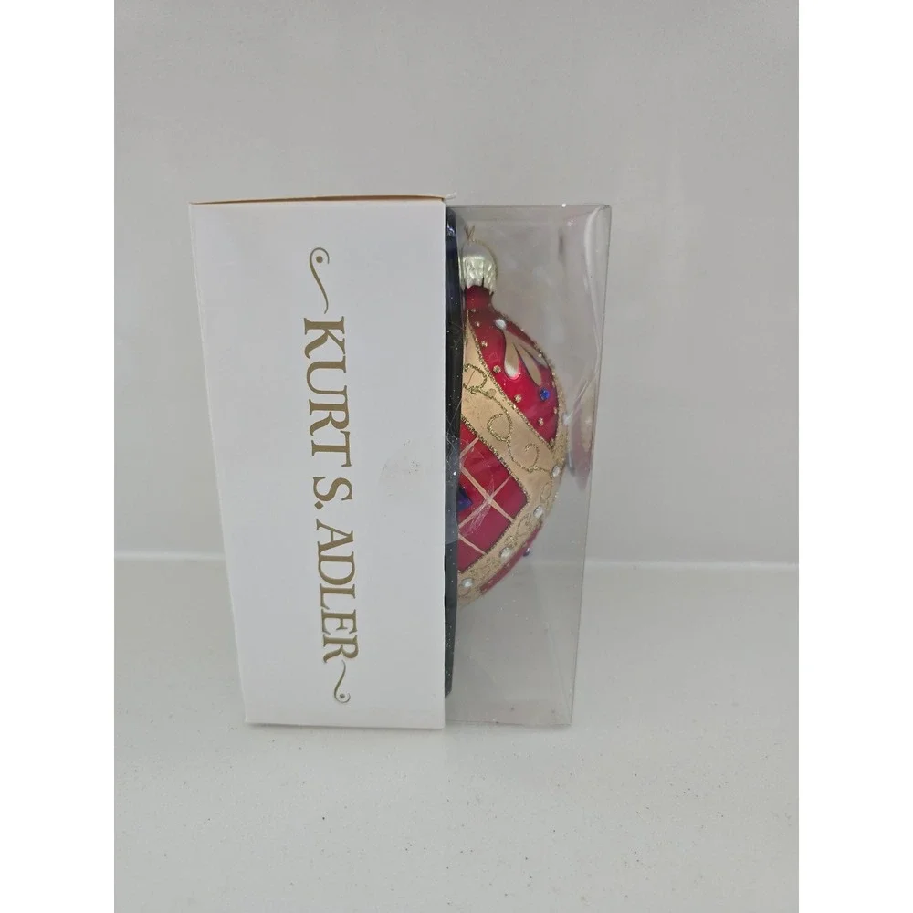 Kurt S Adler Red Gold Glass European Ornament Rhinestone Plaid GG0991 New